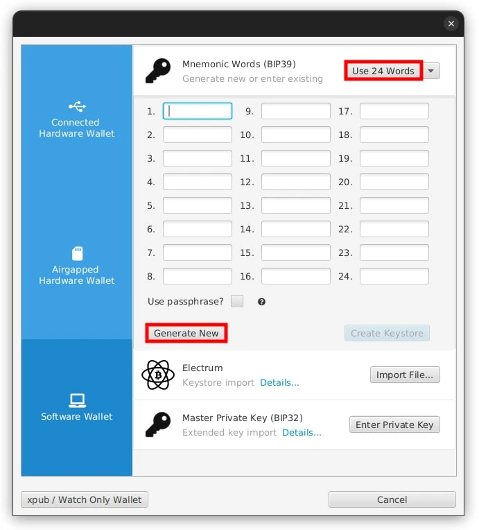 Sparrow Wallet Create Wallet 3