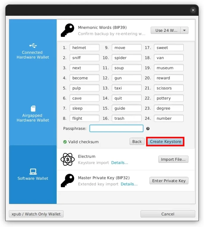 Sparrow Wallet Create Wallet 5