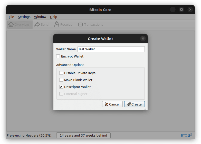 Bitcoin Core v25.0.0 Create Wallet